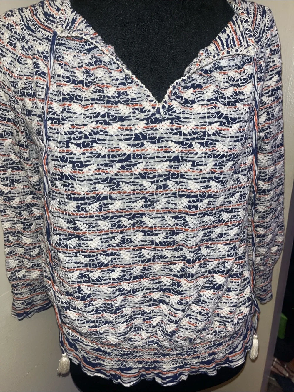 Tori Burch smocked pease t top with embroidered leaf pattern Size 4